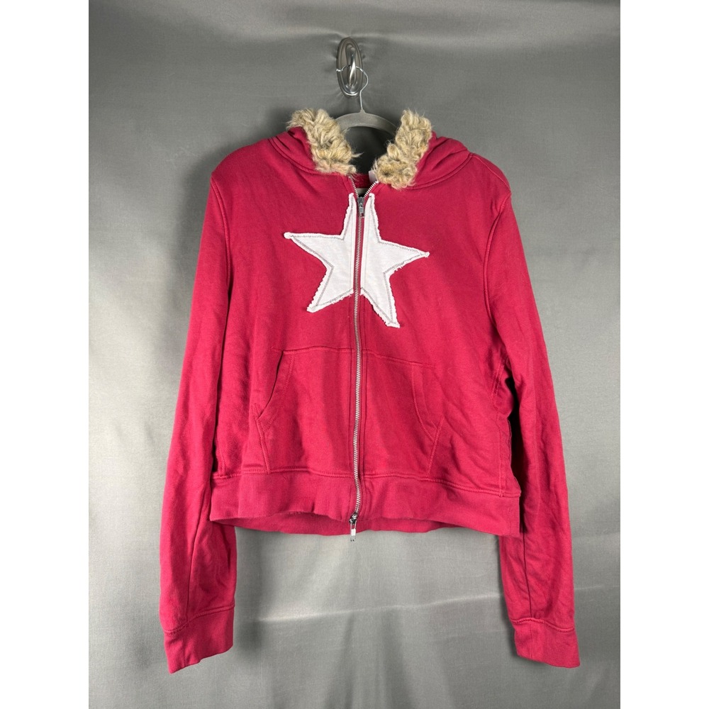 Out from Under Hoodie Women XL Red Star Faux Fur Full Zip Cropped Borg Lining